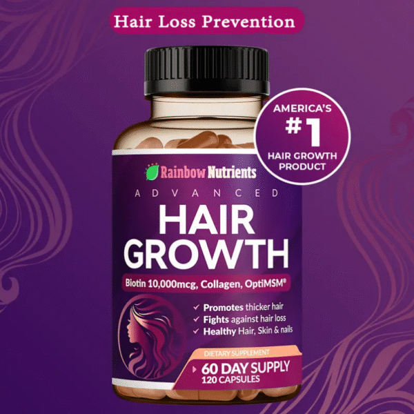 Advanced Hair Growth Vitamins - Biotin 10,000mcg, Collagen & OptiMSM for Thicker Hair, Hair Loss Prevention, Skin & Nails, 60 Capsules