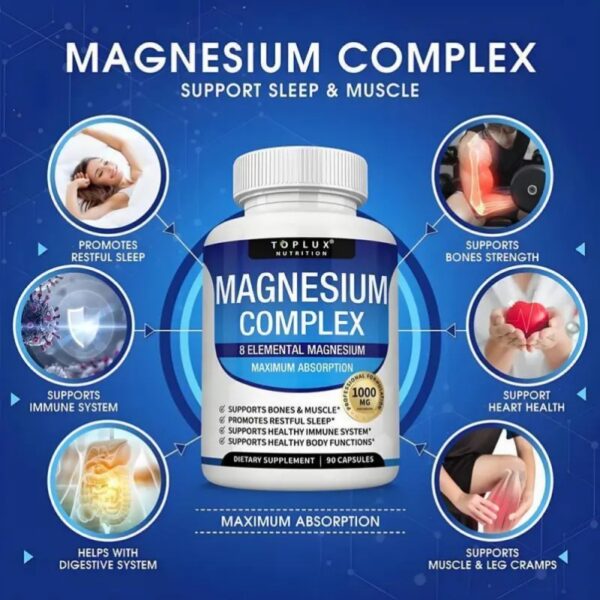 TopLux Nutrition Magnesium Complex 1000mg 90 Capsules 7 Elemental Sources Men Women Bone Muscle Sleep Immune Support Nature Decent Fitness Dietary Supplement Malate Taurate Chelated for